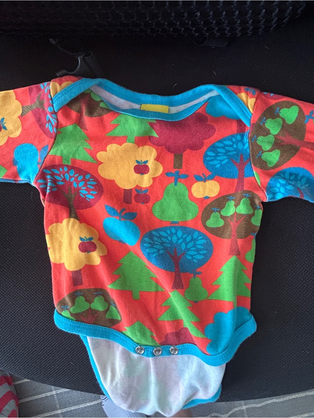 Bright Red Kids Long-Sleeve Bodysuit with Playful Tree & Fruit Print